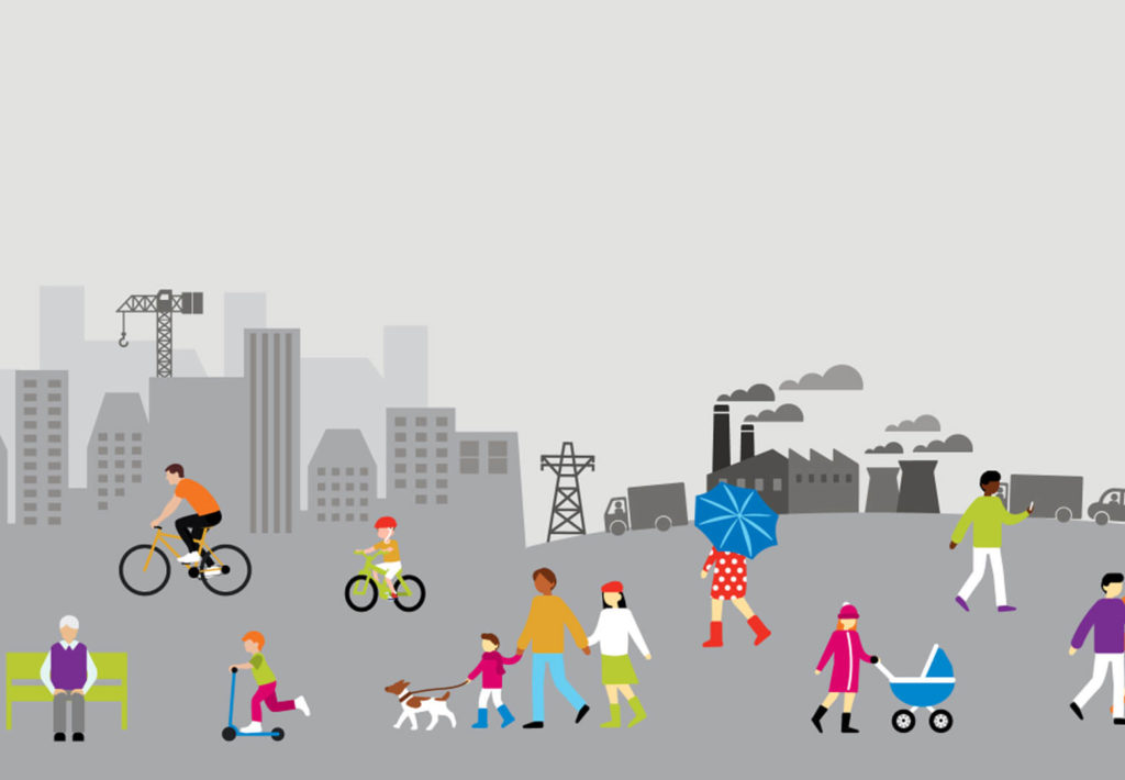 graphic illustration of people in a city, walking, cycling